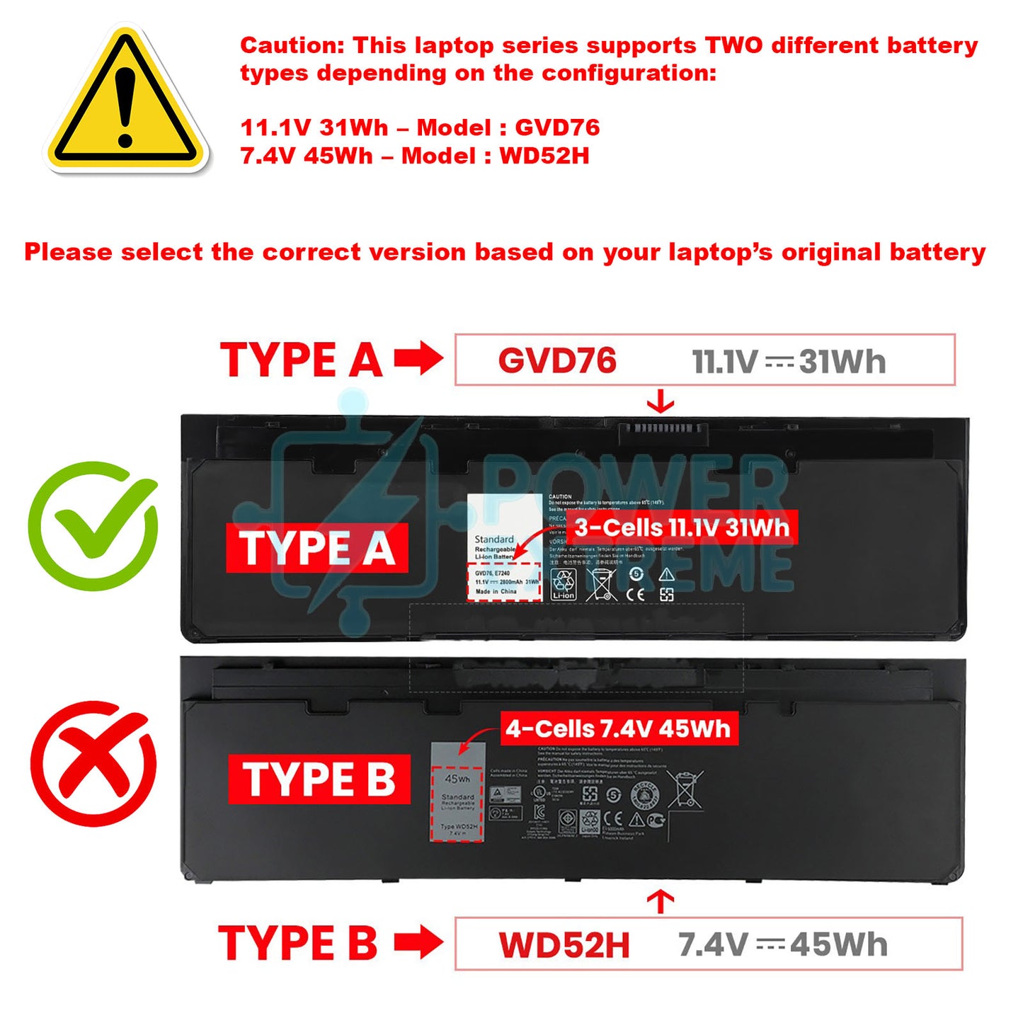 Replacement Laptop Battery for Dell Latitude E7240 E7250 11.1V 31Wh 09C26T 451-BBJW GVD76