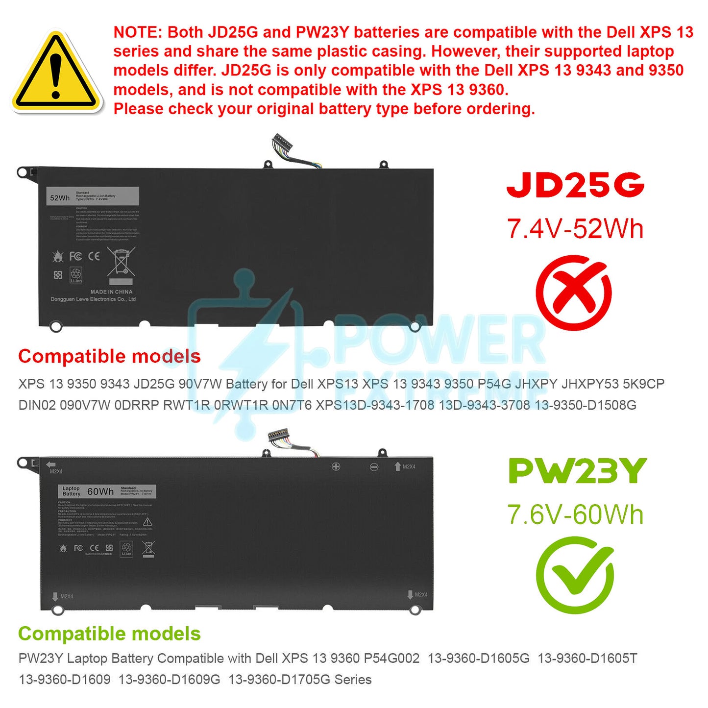 Replacement Laptop Battery for Dell XPS 13 9360 13-9360-D1605G P54G002 60Wh RNP72 TP1GT PW23Y