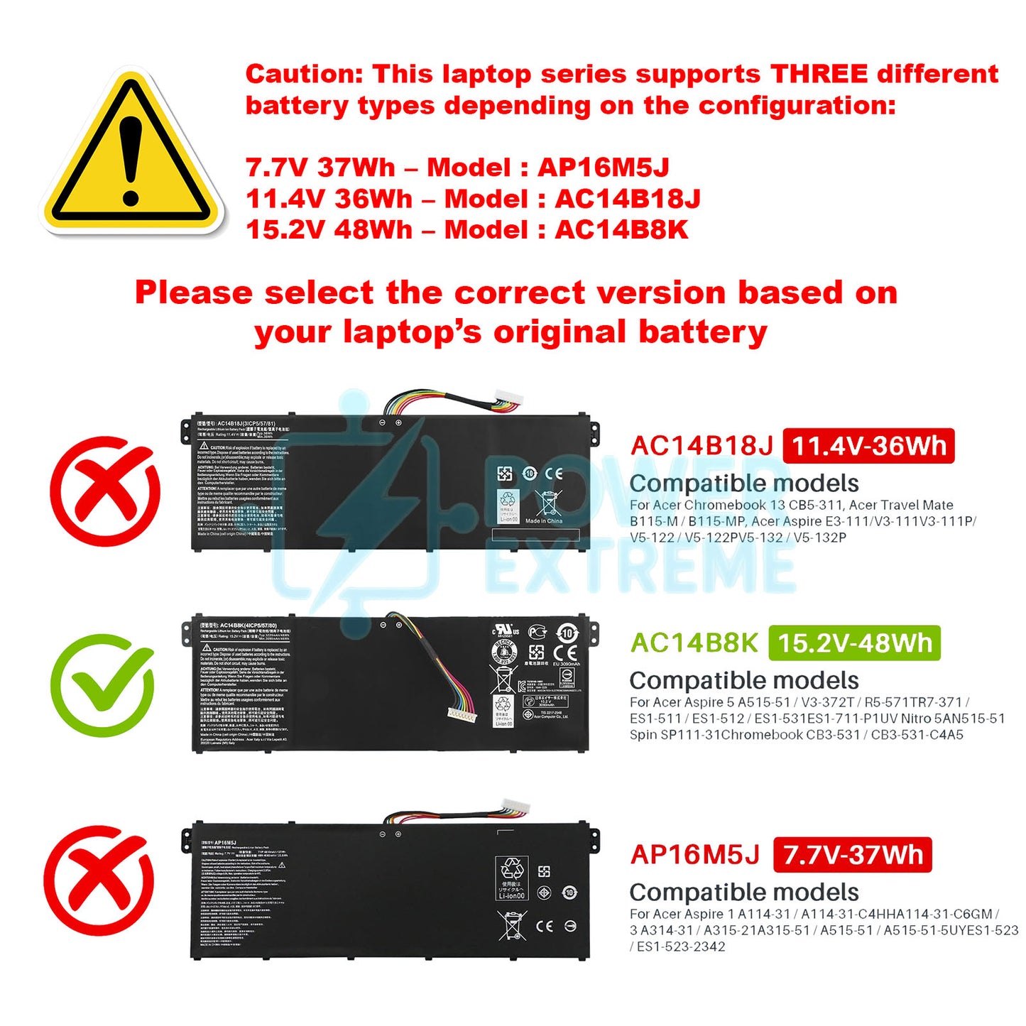 Replacement Laptop Battery for Acer SPIN 5 SWIFT 3 SF314 15.2V 4ICP5/57/80 AC14B18J AC14B7K