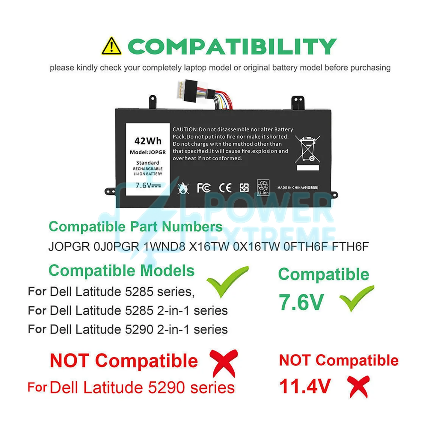 Replacement Laptop Battery for Dell Latitude 5285 2-In-1 42Wh 0FTH6F 451-BBGR T17G002 J0PGR