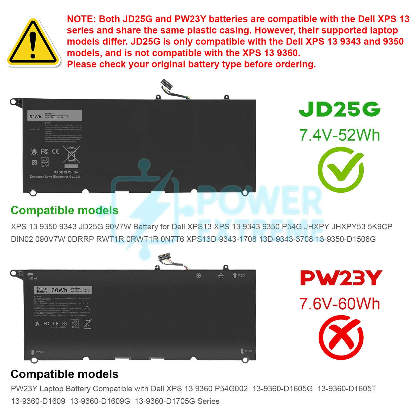 Replacement Laptop Battery for Dell XPS 13 9343 9350 52Wh 5K9CP 90V7W DIN02 JD25G
