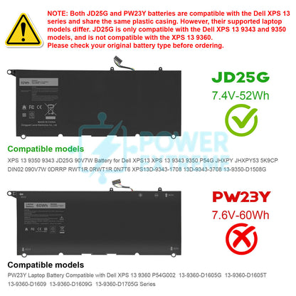 Replacement Laptop Battery for Dell XPS 13 9343 9350 52Wh 5K9CP 90V7W DIN02 JD25G