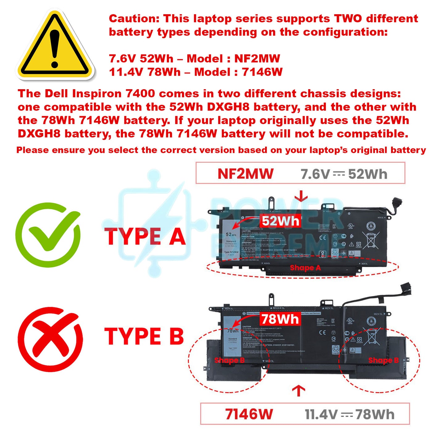 Replacement Laptop Battery for Dell Latitude 7400 2-In-1 52Wh 85XM8 GJD1V NF2MW