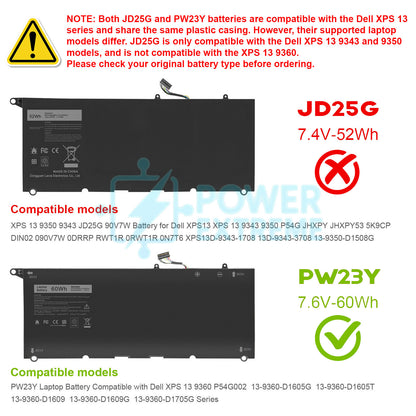 Replacement Laptop Battery for Dell XPS 13 9360 13-9360-D1605G P54G002 60Wh RNP72 TP1GT PW23Y
